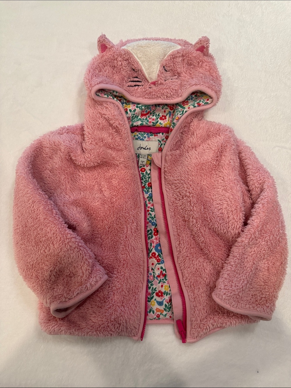 Joules Pink Fuzzy Fox/Cat Hooded Puffer Jacket with Floral Lining